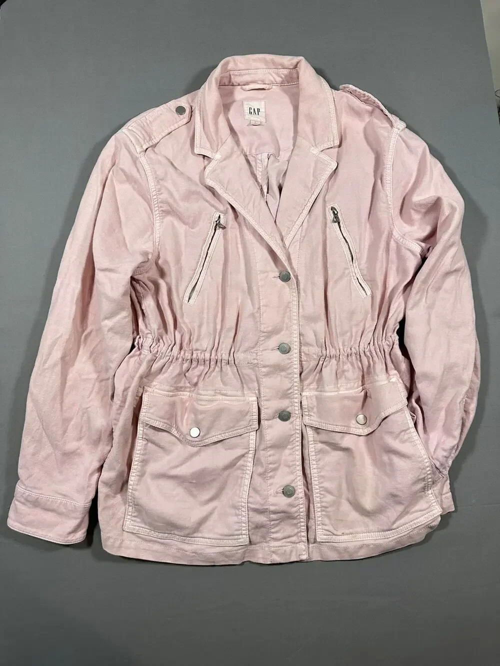 GAP Women's Soft Pink Cotton Jacket Gathered Waist Button Front Sz L - Picture 1 of 7
